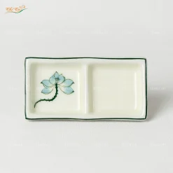 Khay muối chữ nhật 2 ngăn sen xanh Bát Tràng
