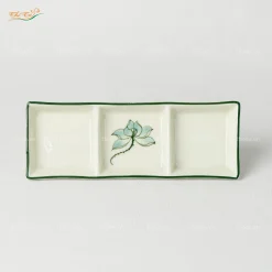Khay muối chữ nhật 3 ngăn sen xanh Bát Tràng