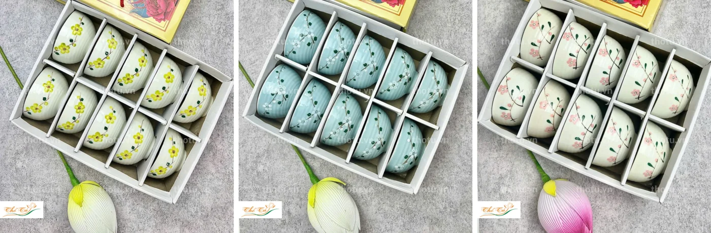 Bộ Bát đĩa men lam đào trắng