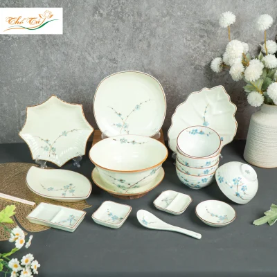 Bộ Bát Đĩa Men Kem Đào Xanh
