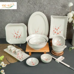 Bộ Bát Đĩa Gấm Hoa Đào Hồng