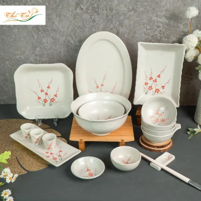 bộ bát đĩa gấm hoa đào hồng