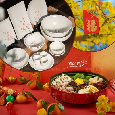 Giỏ quà Tết đối tác có thể kết hợp bộ bát đĩa + đặc sản