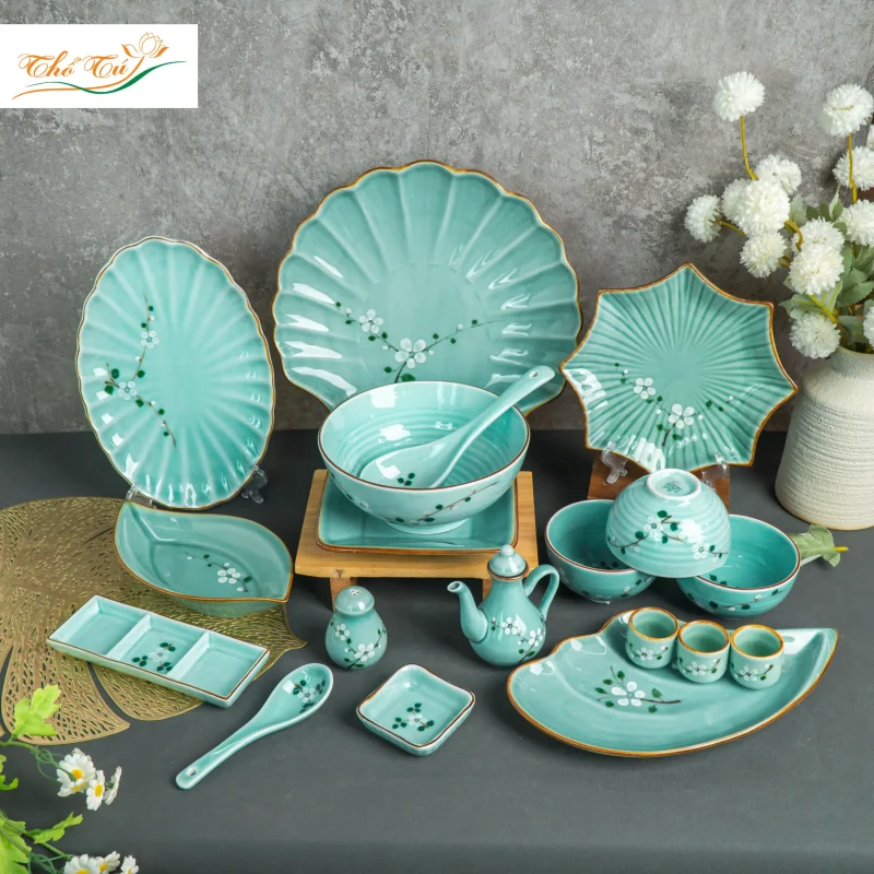 Bộ Bát đĩa men lam đào trắng Bát Tràng