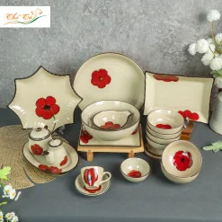 Bộ Bát Đĩa Hoa Sứ Đỏ 3D