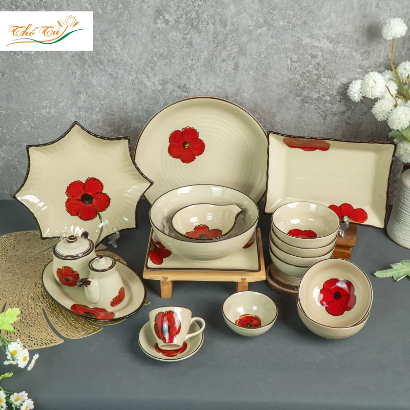 Bộ Bát đĩa hoa sứ đỏ 3d Bát Tràng