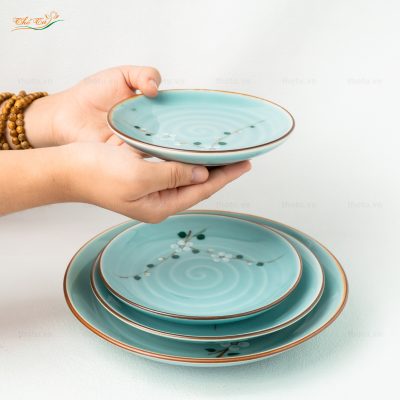 Bộ Bát đĩa Men lam đào trắng