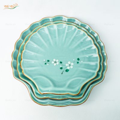 Bộ Bát đĩa Men lam đào trắng