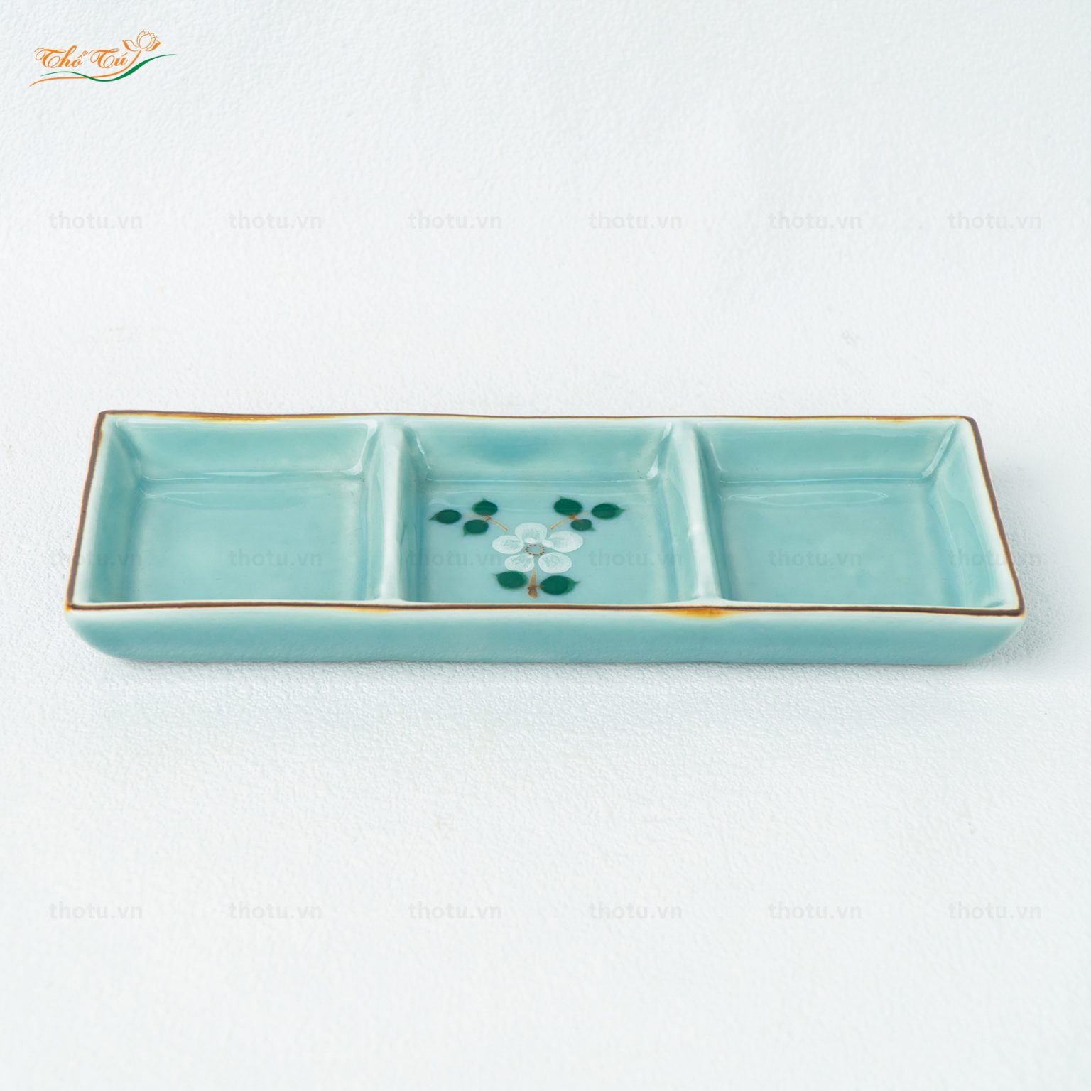 Gia Vị Chữ Nhật 3 Ngăn Men Lam Đào Trắng