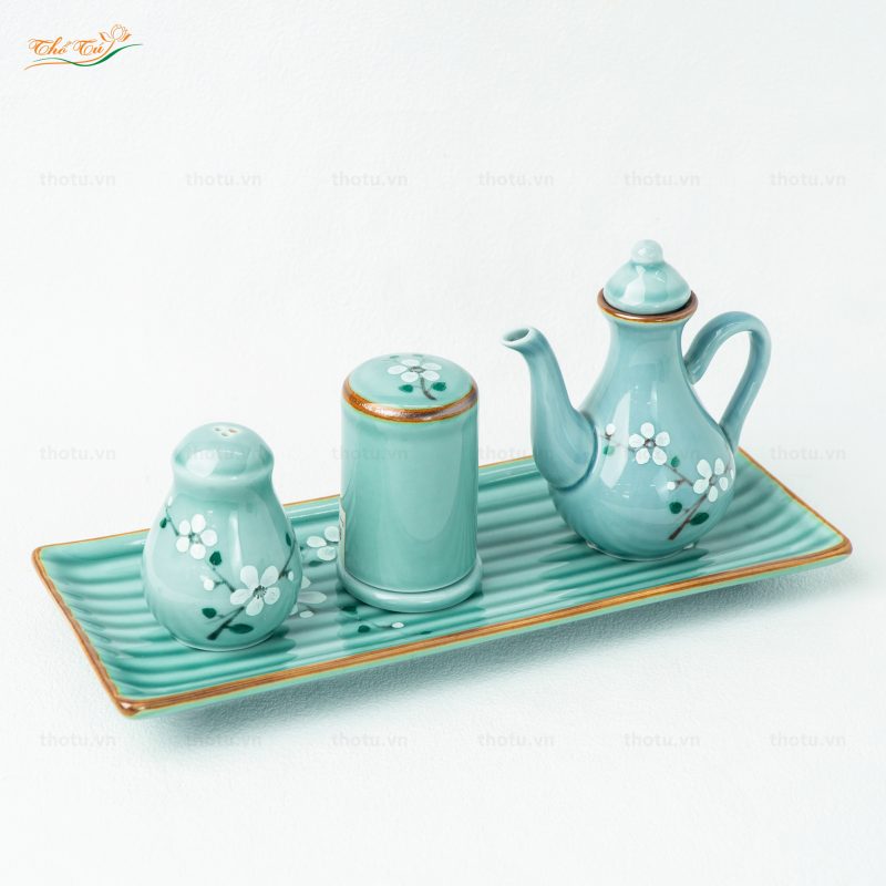 Bộ Bát đĩa Men lam đào trắng