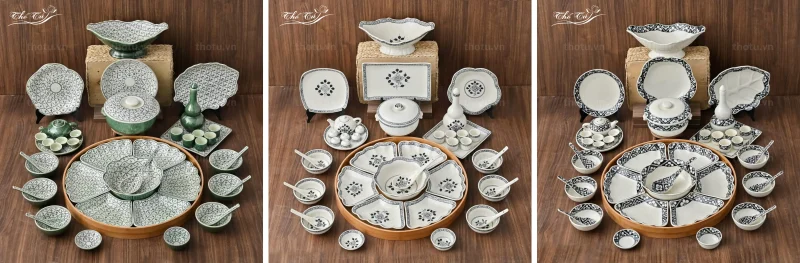 Bát đĩa bày mâm cỗ Tết miền Nam Thổ Tú có hoa văn tinh xảo