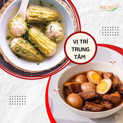 Canh khổ qua nhồi thịt hoặc bát thịt kho tàu được đặt ở trung tâm