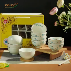 Bộ Bát Cơm Men Kem Đào Xanh
