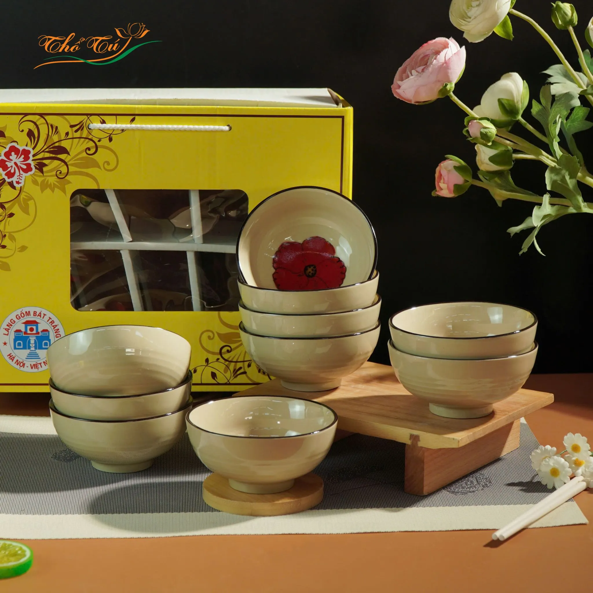 Bộ Bát Cơm Hoa Sứ Đỏ 3D Bộ Bát Cơm Hoa Sứ Đỏ 3D