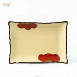 Đĩa Chữ Nhật Miệng Lượn Hoa Sứ Đỏ 3D