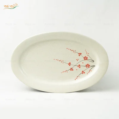 Đĩa Bầu Dục Men Gấm Hoa Đào Bát Tràng 