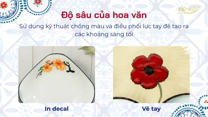 Độ sâu của hoa văn trên gốm sứ vẽ tay Bát Tràng