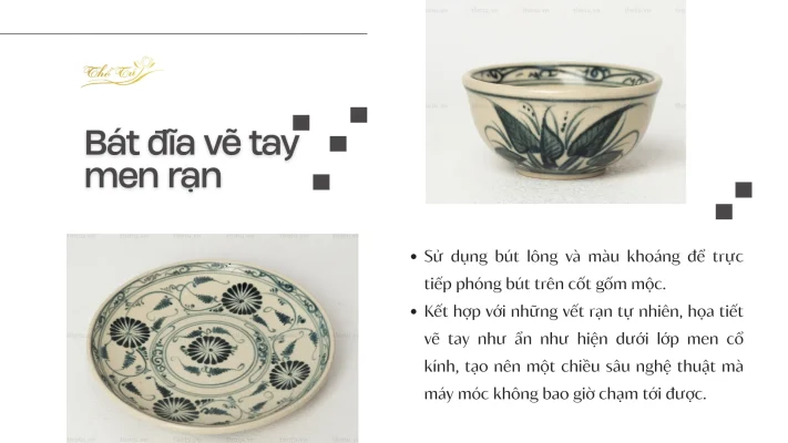 Bát đĩa vẽ tay men rạn Bát Tràng