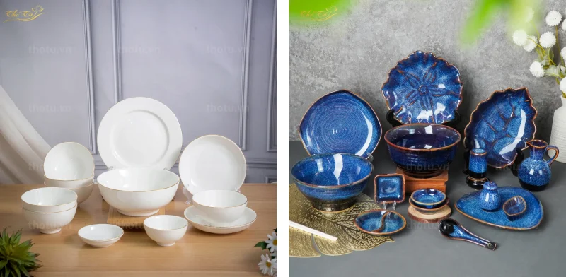 Bộ bát đĩa sứ trắng và bộ bát đĩa men hoả biến