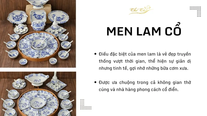 Bộ bát đĩa Bát Tràng men lam cổ